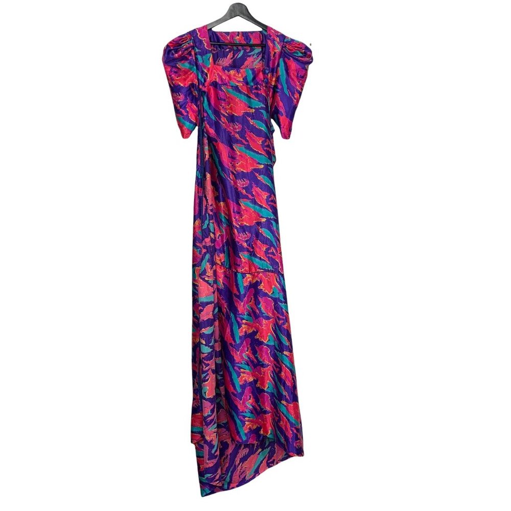 Vintage 80s Handmade Puff Sleeve Wrap Extra Long Dress Large